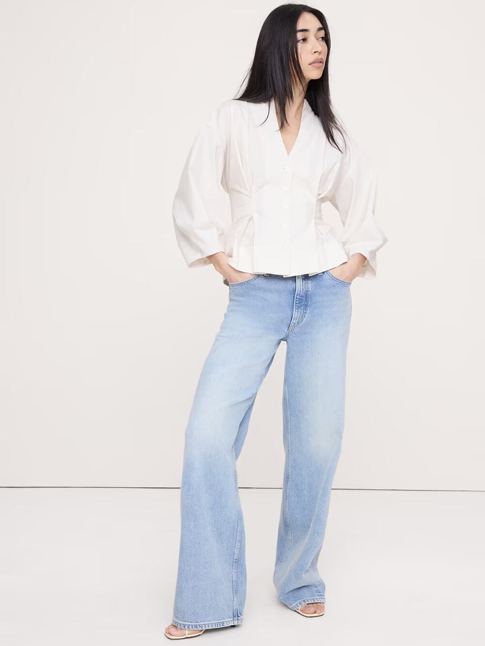 NWT Banana Republic Cotton Poplin Cinched-Waist Blouse Shirt Cream White Women L